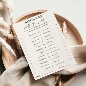 Plantilla editable del juego "¿Qué prefiere mamá?" para baby shower. Juegos imprimibles de "¿Qué prefiere mamá?". ¿Quién conoce mejor a mamá? Lazo de género neutro.