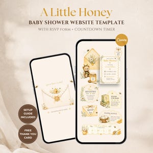 May include: A digital baby shower website template titled A Little Honey, displayed on two smartphone screens. The design features a cream color palette with illustrations of bees, honey pots, envelopes, and floral accents, including an RSVP form and countdown timer.