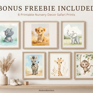May include: Six framed nursery art prints featuring watercolor illustrations of safari animals: a hippo, lion cub, elephant, zebra, giraffe, and monkey. The prints are displayed on a shelf with decorative items. Text at the top reads "BONUS FREEBIE INCLUDED".