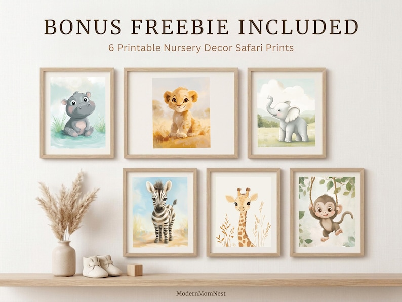 May include: Six framed nursery art prints featuring watercolor illustrations of safari animals: a hippo, lion cub, elephant, zebra, giraffe, and monkey. The prints are displayed on a shelf with decorative items. Text at the top reads "BONUS FREEBIE INCLUDED".
