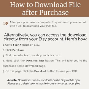 Pode incluir: Um gr&aacute;fico de texto branco sobre um fundo castanho com o t&iacute;tulo "Como fazer o download de um ficheiro ap&oacute;s a compra". O gr&aacute;fico fornece instru&ccedil;&otilde;es sobre como fazer o download de um ficheiro digital ap&oacute;s a compra no Etsy. Explica que o Etsy ir&aacute; enviar-lhe um e-mail com um link de download, ou pode aceder ao download diretamente a partir da sua conta Etsy. O gr&aacute;fico tamb&eacute;m indica que os downloads n&atilde;o est&atilde;o dispon&iacute;veis na aplica&ccedil;&atilde;o m&oacute;vel Etsy.