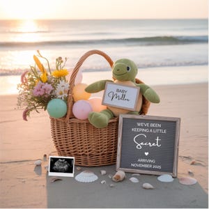 Beach Pregnancy Announcement Digital Sea Turtle Baby Announcement Beach Baby Reveal Neutral Social Media Summer Pregnancy Editable Template