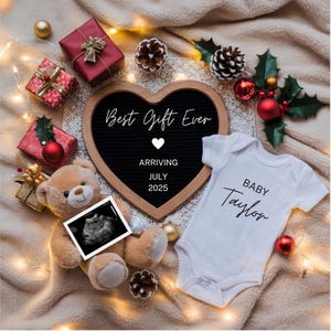 Weihnachten Baby Reveal Digitale Weihnachten Schwangerschaftsankündigung Neutrale Schwangerschaft flach gelegt bearbeitbare Social Media Babyankündigungsvorlage