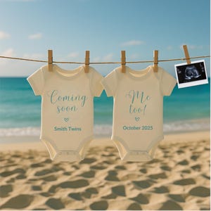 Twins Pregnancy Announcement Beach Digital Baby Announcement Twins Baby Bodysuit Announcement Editable Social Media Summer Baby Reveal