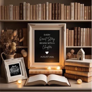 Neutral Book-Themed Pregnancy Announcement Digital Baby Reveal Editable Social Media Template Book Lover Baby Announcement Instant Download