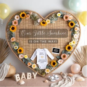 Aankondiging zomerzwangerschap digitale sjabloon bewerkbare baby onthullen genderneutraal zonnebloem babyaankondiging direct downloaden