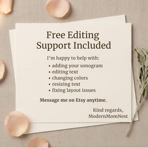 May include: A stack of cream-colored paper with the text "Free Editing Support Included". The text lists services including adding sonograms, editing text, and resizing text. Peach-colored flower petals and a sprig of sage are scattered around the paper.