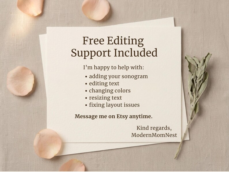 May include: A stack of cream-colored paper with the text "Free Editing Support Included". The text lists services including adding sonograms, editing text, and resizing text. Peach-colored flower petals and a sprig of sage are scattered around the paper.
