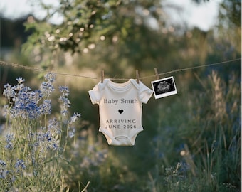 Neutral Pregnancy Announcement Digital for Social Media Boho Baby Reveal Template with Ultrasound Editable Canva Knit Baby Bodysuit