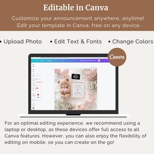 May include: A laptop screen displaying the Canva website with a design template for a baby announcement. The design features a teddy bear, flowers, and the text "Hello, World". The screen shows the Canva editing tools, including options to upload photos, edit text and fonts, and change colors.