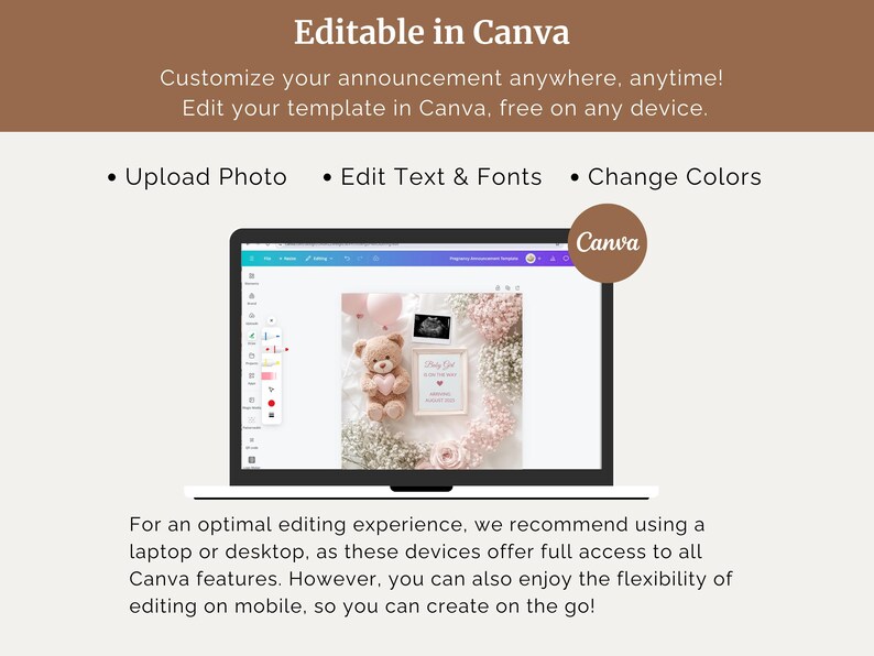 May include: A laptop screen displaying the Canva website with a design template for a baby announcement. The design features a teddy bear, flowers, and the text "Hello, World". The screen shows the Canva editing tools, including options to upload photos, edit text and fonts, and change colors.