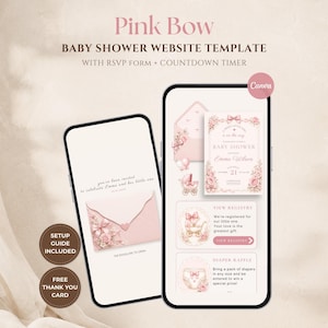 May include: Two smartphones displaying a Pink Bow baby shower website template. The screens show an invitation with a pink envelope, a baby shower event card, a registry link, and a diaper raffle section, all featuring floral and bow graphics.