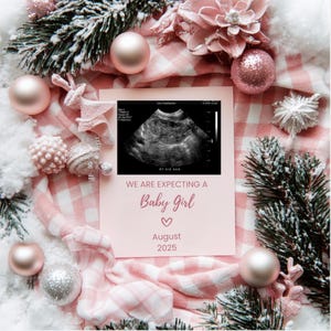 Anuncio de bebé niña para Navidad, anuncio digital de bebé niña para Navidad, anuncio de niña, revelación de embarazo, plantilla editable para redes sociales