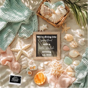 Beach Baby Announcement Beach Pregnancy Reveal Digital Pregnancy Flat Lay Announcement Summer Pregnancy Social Media Baby Reveal Template