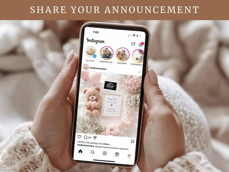 May include: A smartphone displaying an Instagram post announcing a baby girl. The post features a pink and white floral arrangement, a teddy bear holding a pink heart, and an ultrasound image. The caption reads "Baby Girl, we can't wait to meet you!"