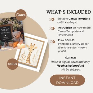 Pode incluir: Um download digital para uma decora&ccedil;&atilde;o de ber&ccedil;&aacute;rio imprim&iacute;vel com uma linda ilustra&ccedil;&atilde;o de girafa. O download inclui um modelo Canva, instru&ccedil;&otilde;es e seis impress&otilde;es &uacute;nicas de safari para o ber&ccedil;&aacute;rio.