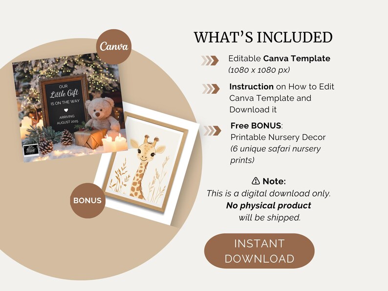 Pode incluir: Um download digital para uma decora&ccedil;&atilde;o de ber&ccedil;&aacute;rio imprim&iacute;vel com uma linda ilustra&ccedil;&atilde;o de girafa. O download inclui um modelo Canva, instru&ccedil;&otilde;es e seis impress&otilde;es &uacute;nicas de safari para o ber&ccedil;&aacute;rio.