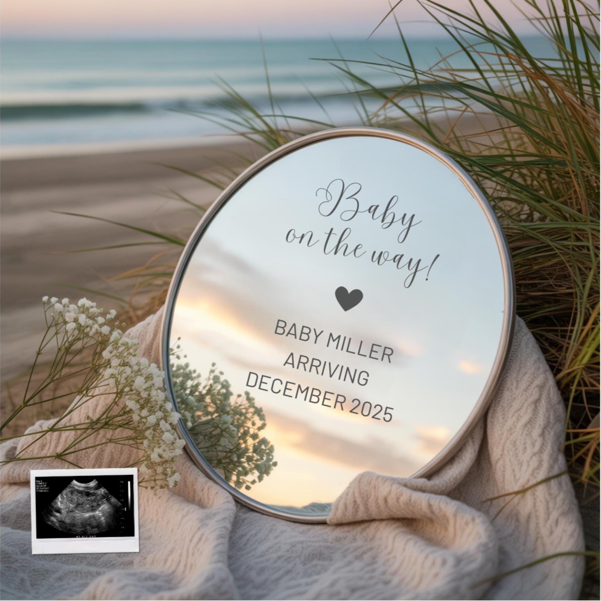 Mirror Beach Pregnancy Announcement Digital Gender Neutral Baby Reveal Beach Pregnancy Reveal Mirror Baby Announcement Social Media Template