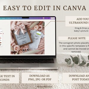 May include: A laptop screen displays a pregnancy announcement template with the text "Baby Girl is on the way". The template includes a framed announcement, baby clothes, and the option to add an ultrasound photo. Text on the screen says "Easy to edit in Canva".