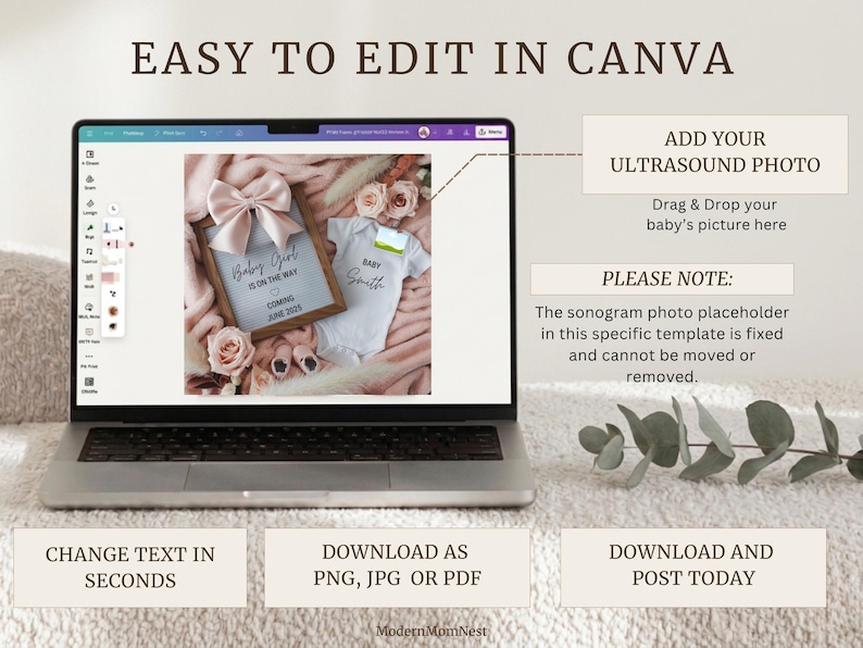 May include: A laptop screen displays a pregnancy announcement template with the text "Baby Girl is on the way". The template includes a framed announcement, baby clothes, and the option to add an ultrasound photo. Text on the screen says "Easy to edit in Canva".