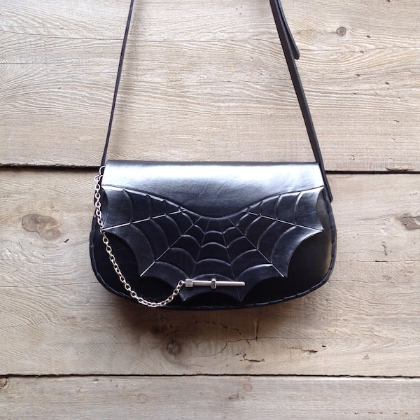 Spiderweb Purse with Strap Black Hand tooled Leather