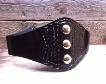 Darling  Large Silver Button Studded Wide Tooled Black Leather Wide Corset Laced Belt