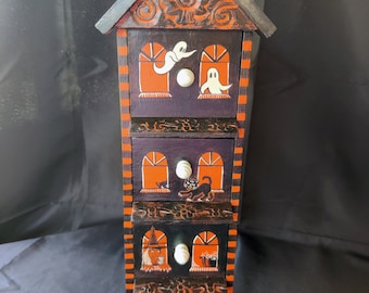 Happy Halloween Hotel! Tower Jewelry Box with Four Drawers and LOTS of fun Hand Painted Details! One of a Kind Unique Vintage Halloween Box