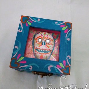 Box Blue and Pink and Orange Glitzy Folk Art Sugar Skull Trinket Box One of a Kind Unique Artistic Gift or Keepsake Holder For You image 1