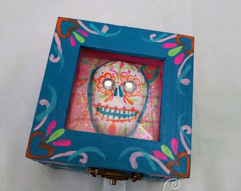 Box! Blue and Pink and Orange Glitzy Folk Art Sugar Skull Trinket Box! One of a Kind Unique Artistic Gift or Keepsake Holder For You!