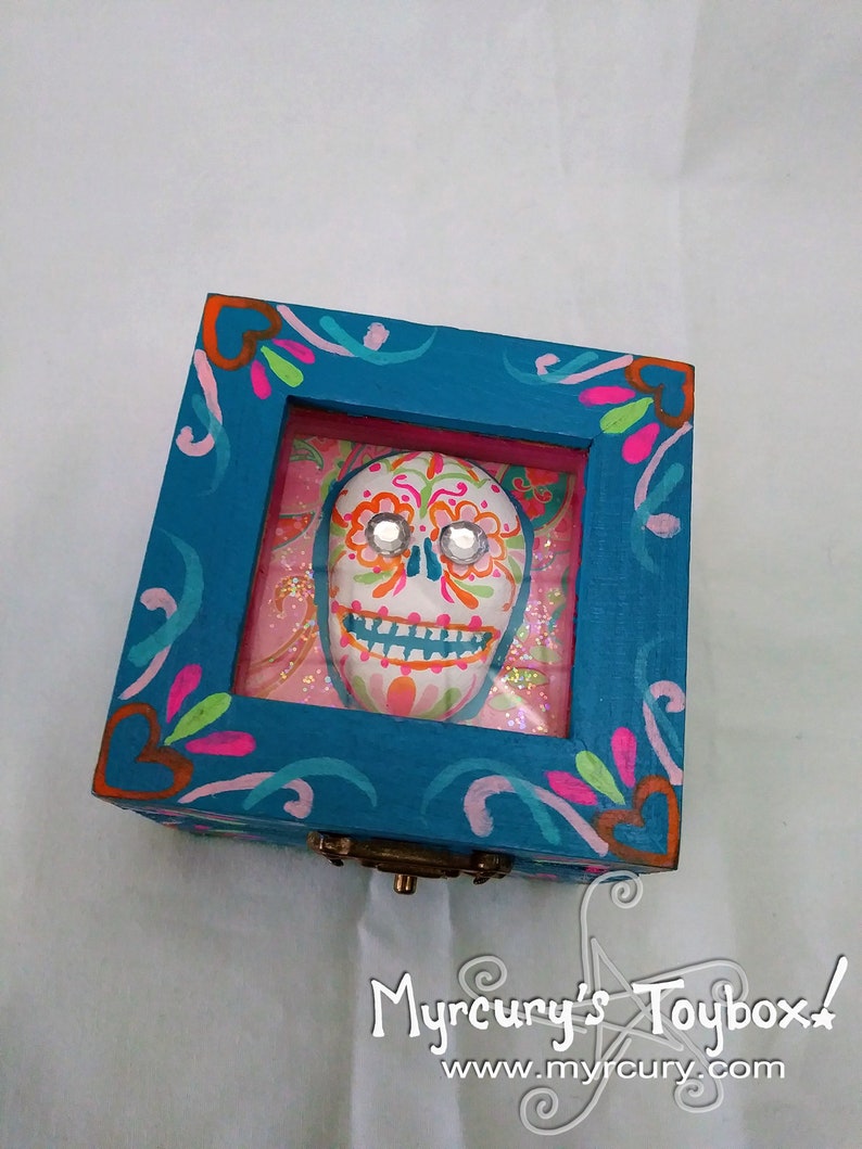 Box Blue and Pink and Orange Glitzy Folk Art Sugar Skull Trinket Box One of a Kind Unique Artistic Gift or Keepsake Holder For You image 1