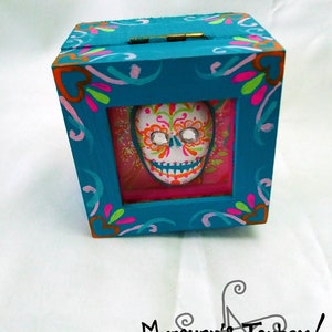Box Blue and Pink and Orange Glitzy Folk Art Sugar Skull Trinket Box One of a Kind Unique Artistic Gift or Keepsake Holder For You image 2