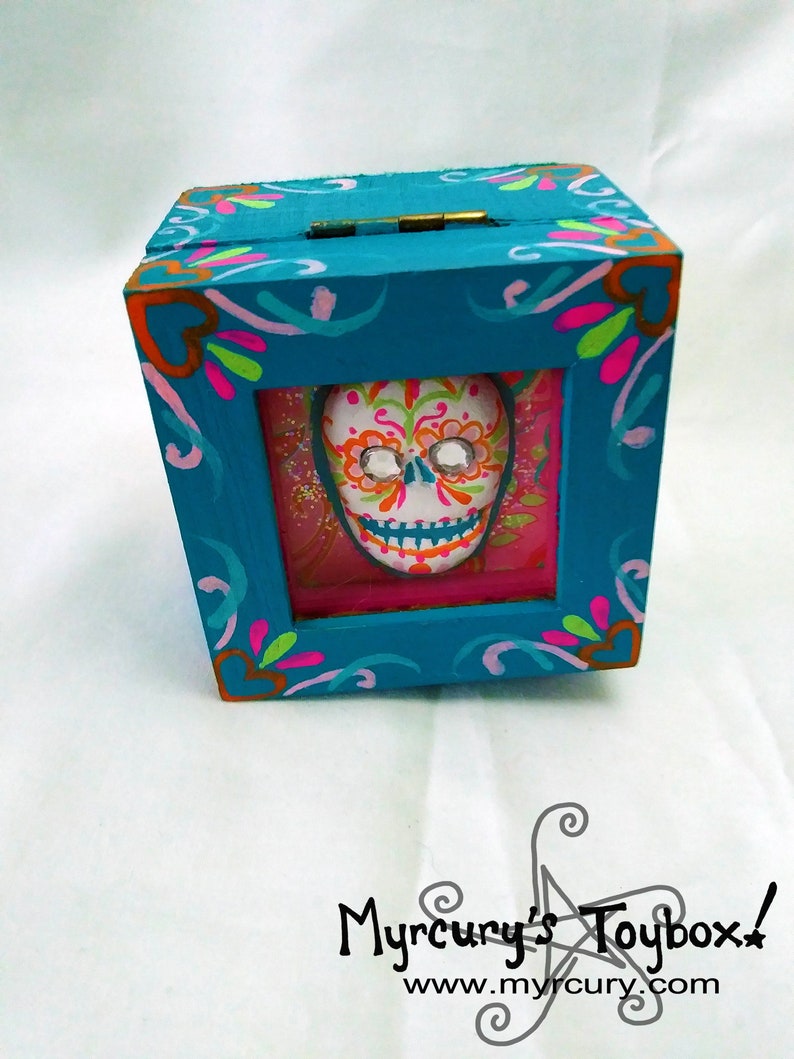 Box Blue and Pink and Orange Glitzy Folk Art Sugar Skull Trinket Box One of a Kind Unique Artistic Gift or Keepsake Holder For You image 2