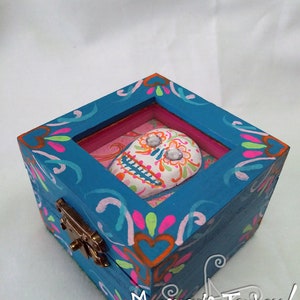 Box Blue and Pink and Orange Glitzy Folk Art Sugar Skull Trinket Box One of a Kind Unique Artistic Gift or Keepsake Holder For You image 3