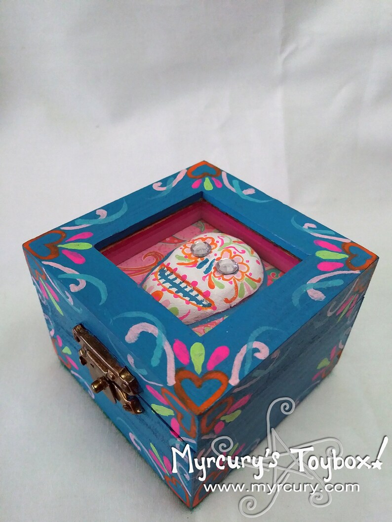 Box Blue and Pink and Orange Glitzy Folk Art Sugar Skull Trinket Box One of a Kind Unique Artistic Gift or Keepsake Holder For You image 3
