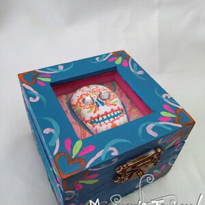 Box Blue and Pink and Orange Glitzy Folk Art Sugar Skull Trinket Box One of a Kind Unique Artistic Gift or Keepsake Holder For You image 4