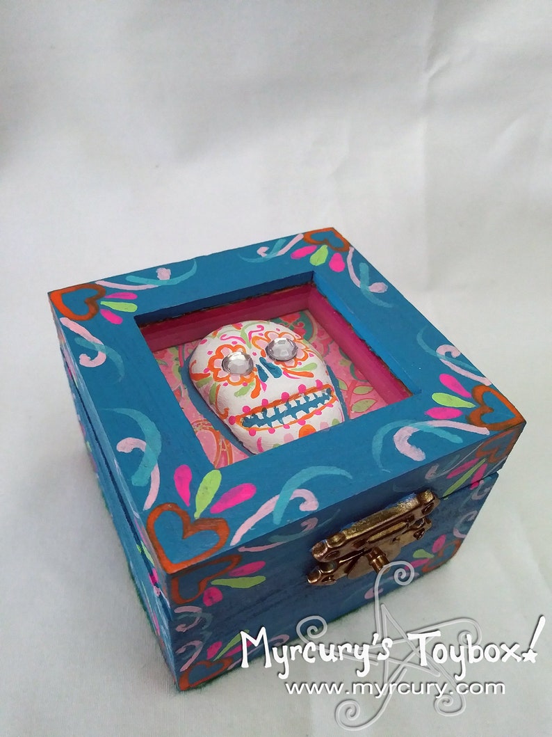 Box Blue and Pink and Orange Glitzy Folk Art Sugar Skull Trinket Box One of a Kind Unique Artistic Gift or Keepsake Holder For You image 4