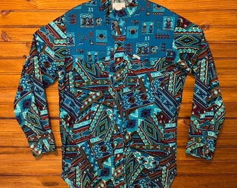 Vintage Mo Betta Western Shirt Mens Medium Aztec Print Long Sleeve Button Up USA