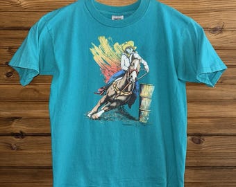 Vintage ONEITA 1991 Cowboy Barrel Racing T Shirt Teal Unisex Size XL Made in USA