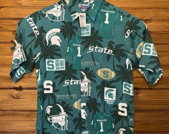 Vintage Reyn Spooner Michigan State Spartans Mens Size Large Green Hawaiian AOP