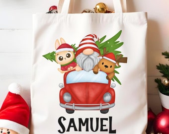 Personalized Christmas Tote Bag-Cute Gnome, Holiday Gift Bag, Christmas Crew Tote Bag, Custom Name Christmas Gift, Kids Christmas Tote