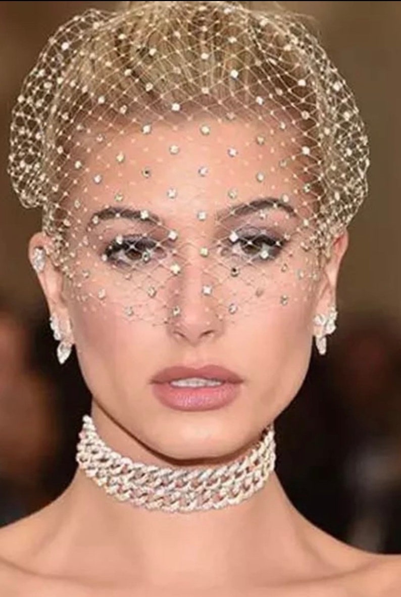 White Birdcage Veil With Crystals Bridal Wedding Veil Etsy Canada