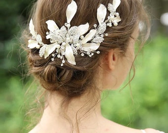 Bridal Hair piece/Silver Leaf Wedding Barrette/Headpiece Rhinestone Hand wired Wedding Hair Clip/Hair Jewelry/Bridal Accessories