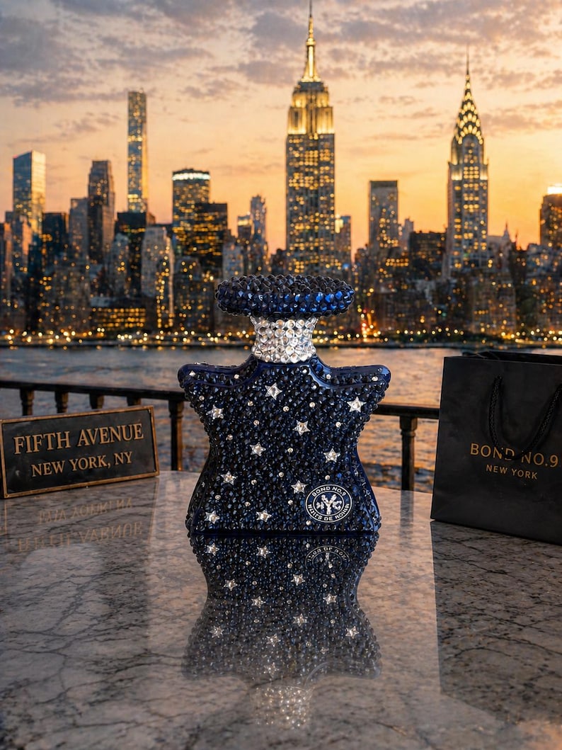 Pu&ograve; includere: Un flacone di profumo a forma di stella ricoperto di cristalli blu scuro e trasparenti, con un colletto argentato e un logo circolare con il testo Bond No. 9 New York. Il flacone &egrave; posizionato accanto a una borsa nera e un cartello Fifth Avenue New York, NY.