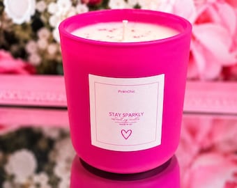 Hand-Poured Soy Candle: Pink Glitter Accent, Magnolia Peony Scent, Glam Chic Home Decor