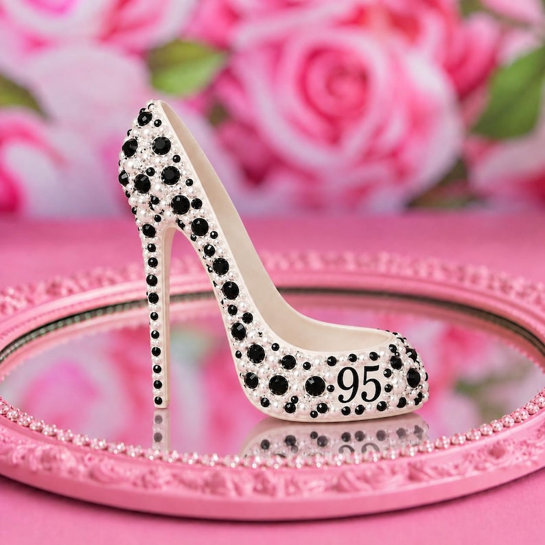 May include: A high-heeled shoe figurine decorated with white pearls and black rhinestones. The side of the shoe features the black printed number 95. The shoe is constructed with a pointed toe and a slender stiletto heel, covered in beads.