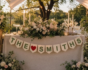 Personalized Last Name Wedding Banner , Embroidered Wedding Name Banner, Wedding Photo Prop, Rustic Wedding Sign