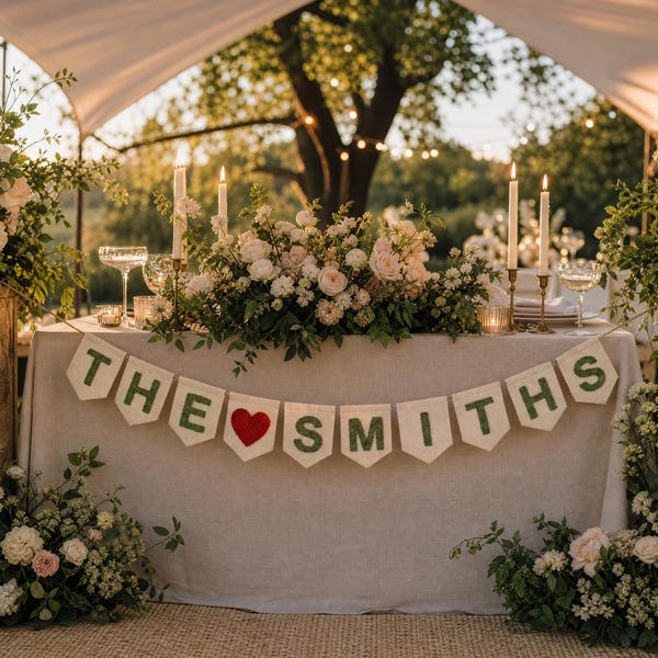 Personalized Last Name Wedding Banner , Embroidered Wedding Name Banner, Wedding Photo Prop, Rustic Wedding Sign