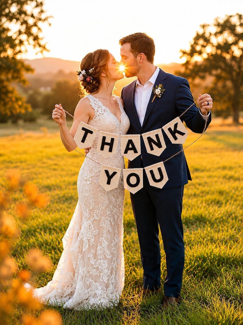 May include: A beige fabric banner featuring the black printed text THANK YOU, suspended by a thin twine string. The banner consists of eight individual pennant-shaped flags, each displaying a single letter, arranged in two rows to spell out the message.