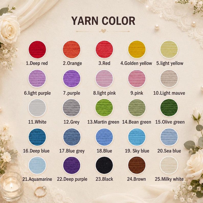 May include: A yarn colour chart featuring twenty-five numbered circular swatches with labels including Deep red, Orange, Red, Golden yellow, light yellow, light purple, purple, light pink, pink, Light mauve, White, Grey, Martin green, Bean green, Olive green, Deep blue, Blue grey, Blue, Sky blue, Sea blue, Aquamarine, Deep purple, Black, Brown, and Milky white.