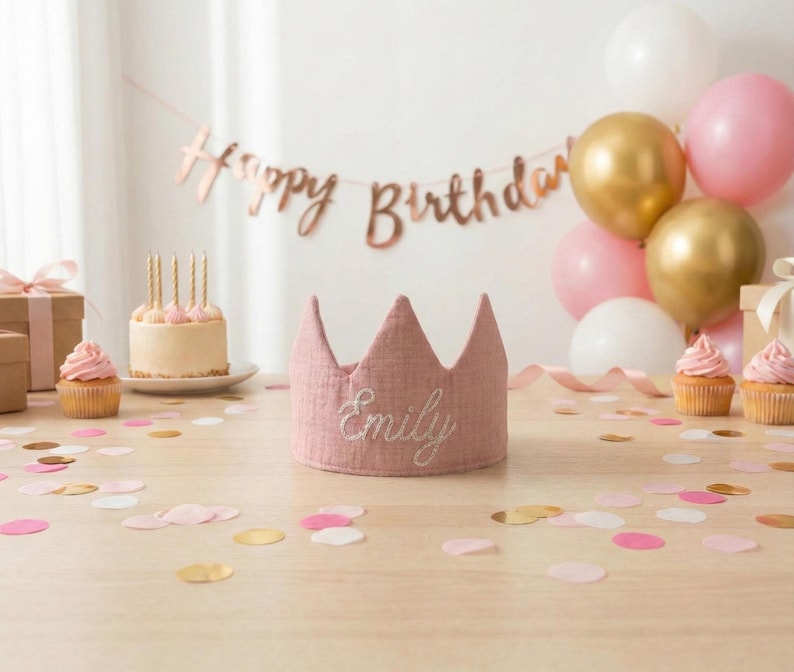 K&ouml;nnte beinhalten: Eine rosa Stoffkrone mit dem Namen "Emily" ist auf einem Holztisch platziert, umgeben von Konfetti. Ein kleiner Kuchen mit Kerzen, Cupcakes und Luftballons in Gold, Wei&szlig; und Rosa schaffen eine festliche Geburtstagsatmosph&auml;re.
